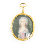 A continental miniature portrait, depicting a Lady,  oval in form, 18ct gold cased, size approx 55mm