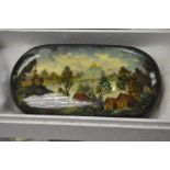 A Fedoskino Pegockuno Russian black lacquered papier mache box, of oblong oval form with hinged lid,