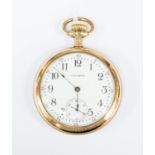 A Waltham gold plated pocket watch, white enamel dial, numbers, subsidiary dial, dial diameter