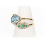Two 9ct gold rings including an emerald coloured stone and diamond set ring, comprising an oval