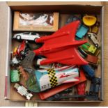 Assorted diecast vehicles plus Marx triple jet dart gun and tin plastic spaceship A/F