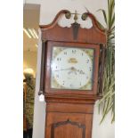 Oak grandfather clock, with Leicester makers details with inlaid shell cartouche