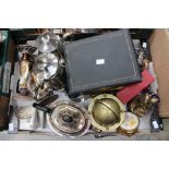 Collection of plated wares, brass, flat ware and other metal items