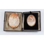 A 19th Century gold mounted shell cameo brooch in box with safety chain and another 20th Century