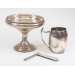 Three items of silver comprising small silver mug; a small silver pedestal dish and a mother of