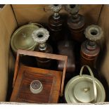 A box of assorted treen, to include candlesticks, cracker jars etc