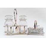 Early 20th Century James Dixon sardine glass dish on stand, EPNS bottle holder with two glass jars