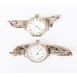 Two vintage silver wristwatches, circa 1930's,  on white metal bracelets, as found