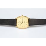 A gentleman's Longines gold plated quartz watch, squared gold tone dial leather strap