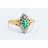 A Victorian style emerald and diamond cluster ring, 18ct gold, marquise cut emerald set within a