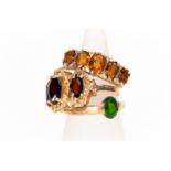 Three stone set 9ct gold dress rings including a Victorian style five  stone citrine ring, green