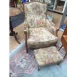 A Pair of 20th Century Beechwood French style upholstered chairs, plus two footstools (with fire