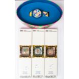 Four vintage Swatch watches in cases to include three Georges Pompidou Exhibition and boxed Wild