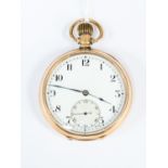 A 9ct gold crown winding pocket watch, white enamel dial, numbers, subsidiary dial, case diameter