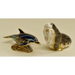 Royal Crown Derby walrus paperweight, bottle nosed dolphin (silver stoppers) (2)