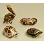 Royal Crown Derby paperweights, Pelican (Gold Stopper), Terrapin (Gold stopper), Tortoise (Silver