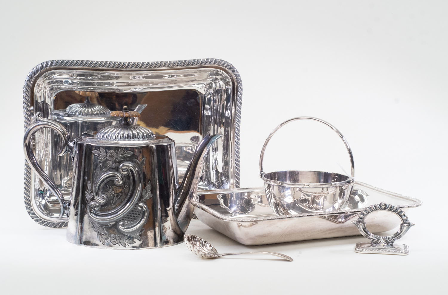 Silver plated entree dish, teapot and sugar basket
