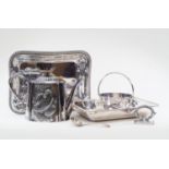 Silver plated entree dish, teapot and sugar basket