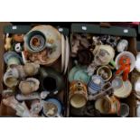 A collection of ceramics including German figures, Art Deco tea ware, Asian tea bowls, Lancaster