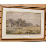 Gresley, Cuthbert (1876-1963), pastoral scene with cows, sheep and village, watercolour, signed,