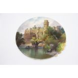 A round plaque, signed J.E. Dean 1922, believed to be Warwick Castle, measuring approx 30 cm