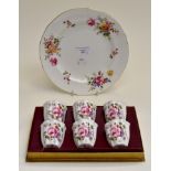 A 1950's Royal Crown Derby Posy pattern egg cups, set of six boxed along with matching plate