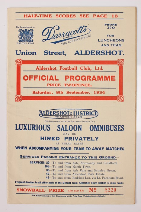 Football League: An Aldershot v. Torquay, Division 3 South programme, 8th September 1934.