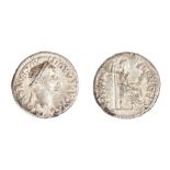 A silver denarius struck for Tiberius (AD 14-37) dating to c. AD 14-37. Obverse: TI CAESAR DIVI