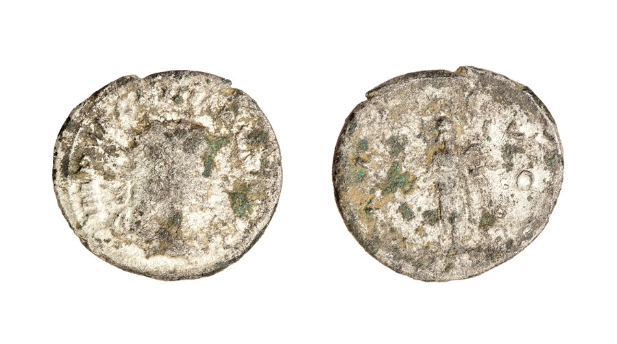 A base silver radiate of Valerian I (AD 253-260) dating to c. AD 257-259. Reverse: SALVS AVGG, Salus