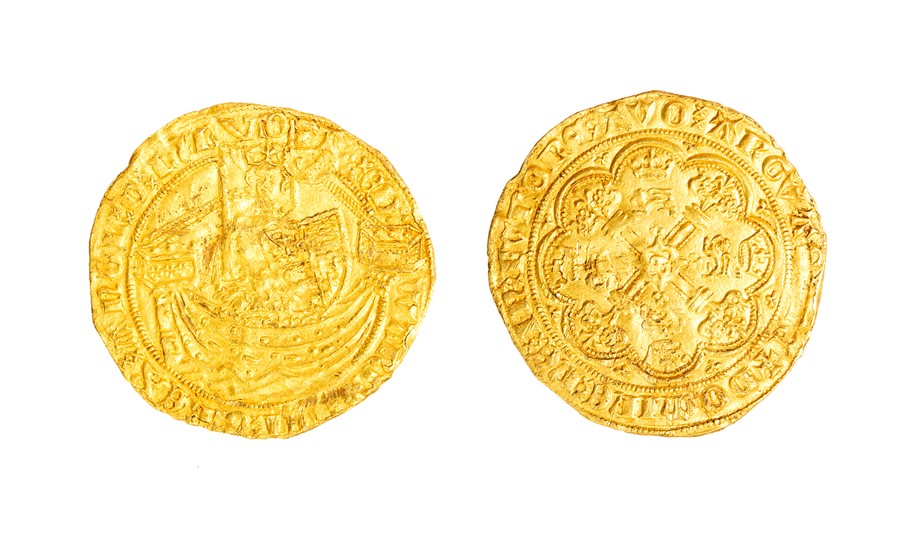 A gold hammered half noble of Edward III (1327-1377) dating c. 1361-1369. Fourth coinage, mint of