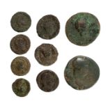 A mixed lot of nine copper-alloy Roman coins, mostly 4th century, but with a smattering of earlier