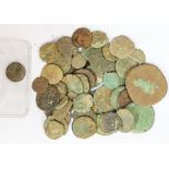 A mixed lot of forty-nine copper-alloy Roman coins. Most pieces Constantinian, though there is