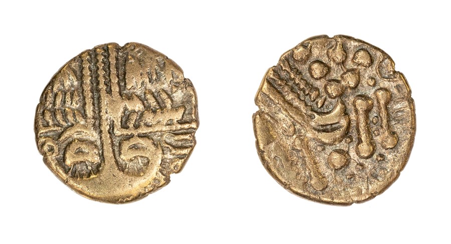 A gold stater of the Southern Region/Belgae, dating c. 60-20 BC. Rudd's 'Cheriton Smiler' type.