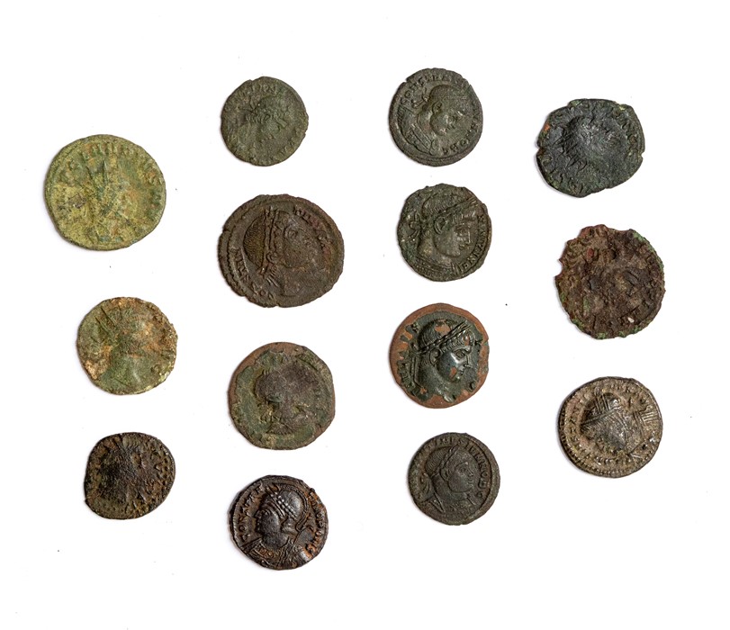 A mixed lot of fourteen copper-alloy Roman coins. Later 3rd century: two barbarous radiates, two