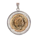 A QEII 2002 shield back half sovereign, in a 9ct white gold pendant mount set with diamonds, total