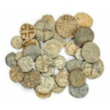 Mixed lot of 29 cast lead-alloy tokens (c. 1500-1800) and a fragment of Augsburg (?) twin-disc cloth