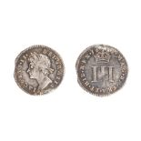 A milled silver maundy threepence of James II (1685-1688) dating to 1685. Spink 3415. Slight bend to