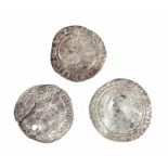 Three silver hammered coins: two sixpences, the first- Elizabeth I, dated 1593 with the Tun