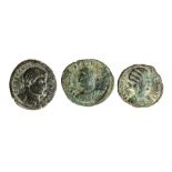 A mixed lot of three copper-alloy Roman 'nummi'. Represented in this group, BEATA TRANQVILLITAS (