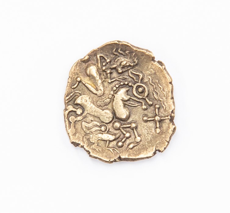 An uninscribed Gallic half stater attributed to the Aulerci Eburovices, c. 150-100 BC. Obverse: no