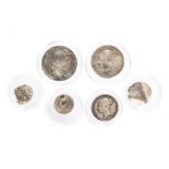 A mixed lot of silver hammered and milled coinage. Within this lot, a broken 15th century Venetian