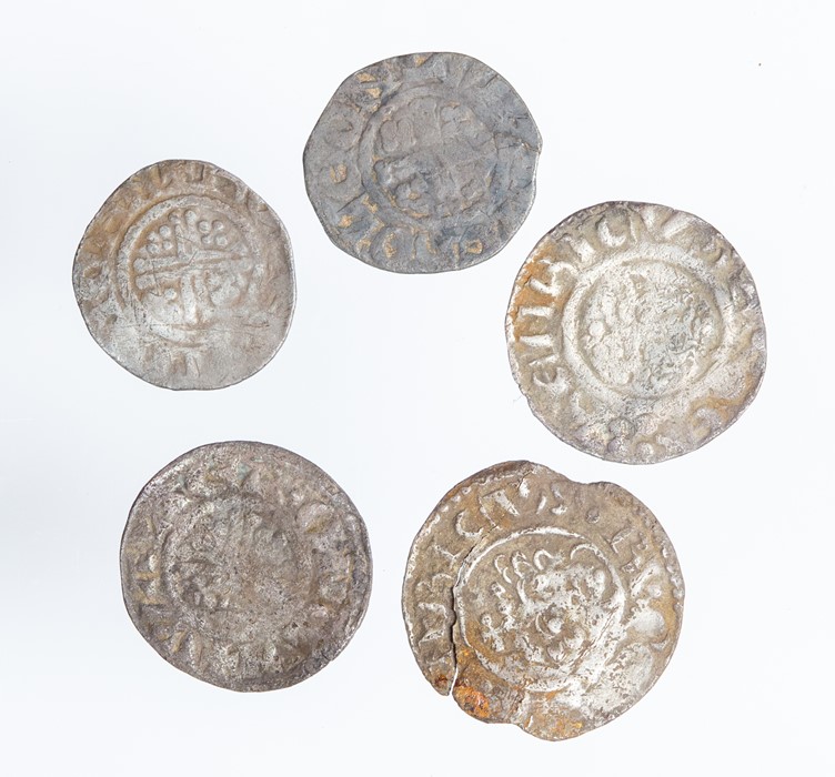 A mixed lot of five silver hammered shortcross pennies (1180-1247). Various rulers, mints and