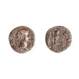 A silver denarius struck for Tiberius (AD 14-37) dating to c. AD 14-37. Obverse: [TI CAE]SAR DIVI