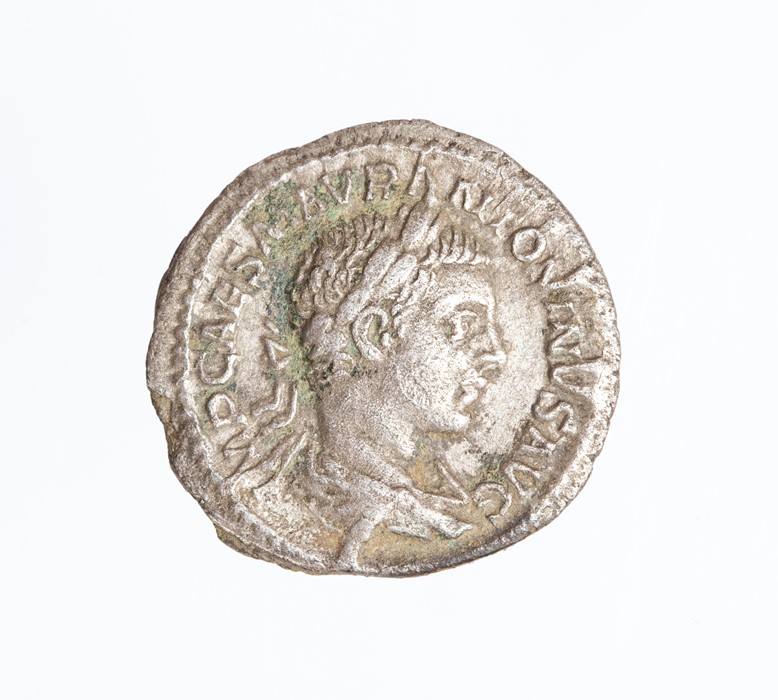 A silver denarius struck for Caracalla (AD 218-222) dating to c. AD 221. Obverse: IMP CAES M AVR