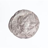 A silver Roman Republican denarius of the moneyer M. Acilius Glabro, dating to c. 49 BC. Obverse: