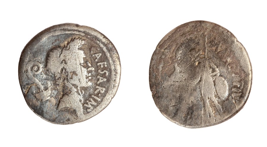 A silver Roman Republican denarius issued by the moneyer M Mettius under Julius Caesar, dating to c.