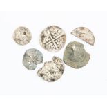 Five silver hammered coins, all in very poor or poor condition. Includes a cut halfpenny of