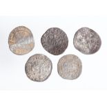 A mixed lot of five silver hammered Edwardian pence. Of note in this lot, a class 9 piece from the