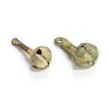 Two cast copper-alloy 'pendant bells' dating to the Medieval period, c. 1250-1400. Both of identical