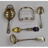 Hallmarked silver buckle, two small ladle, silver  and enamel  Sussex county RA spoon ect (1 bag)